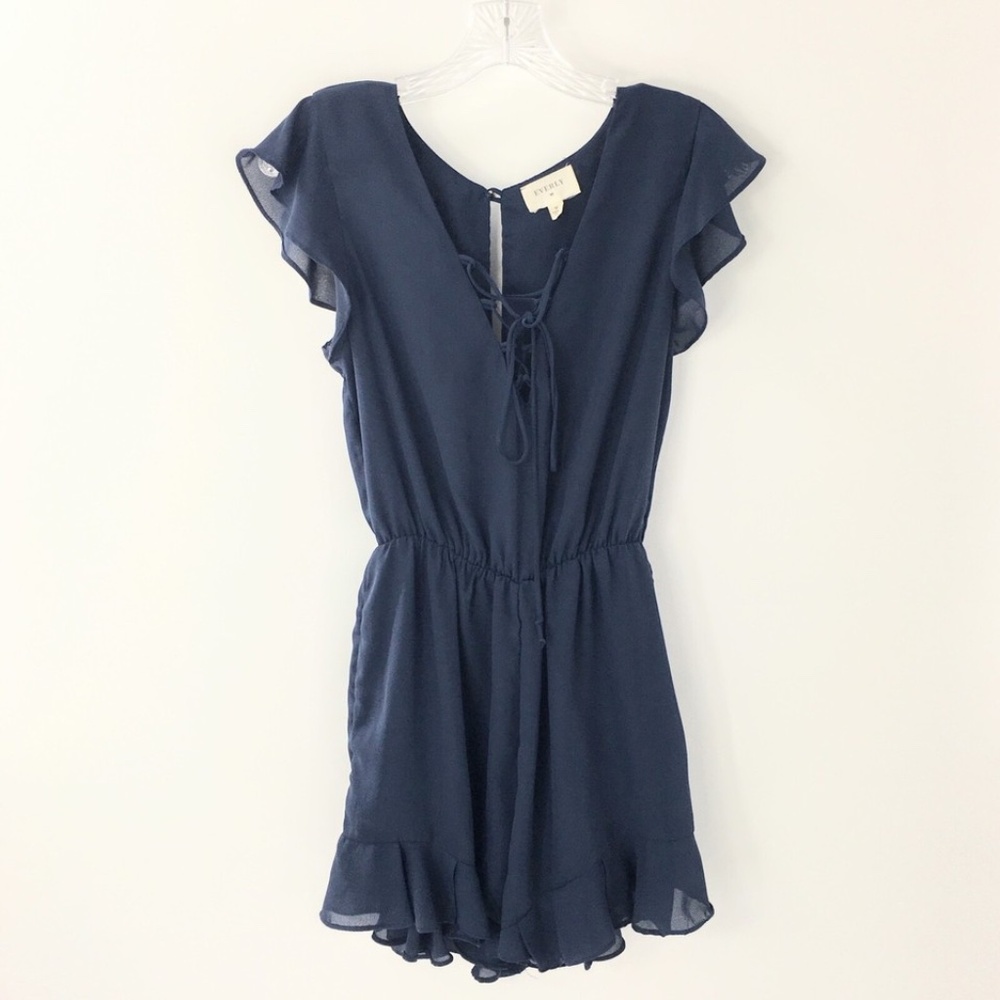 Everly Womens Romper Flutter Sleeves Elastic Waist Summer Tie Feminine Navy Sz - Picture 12 of 15
